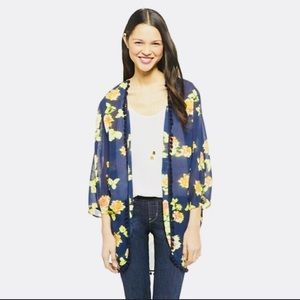 Blue Floral Kimono with Pom Pom Detail